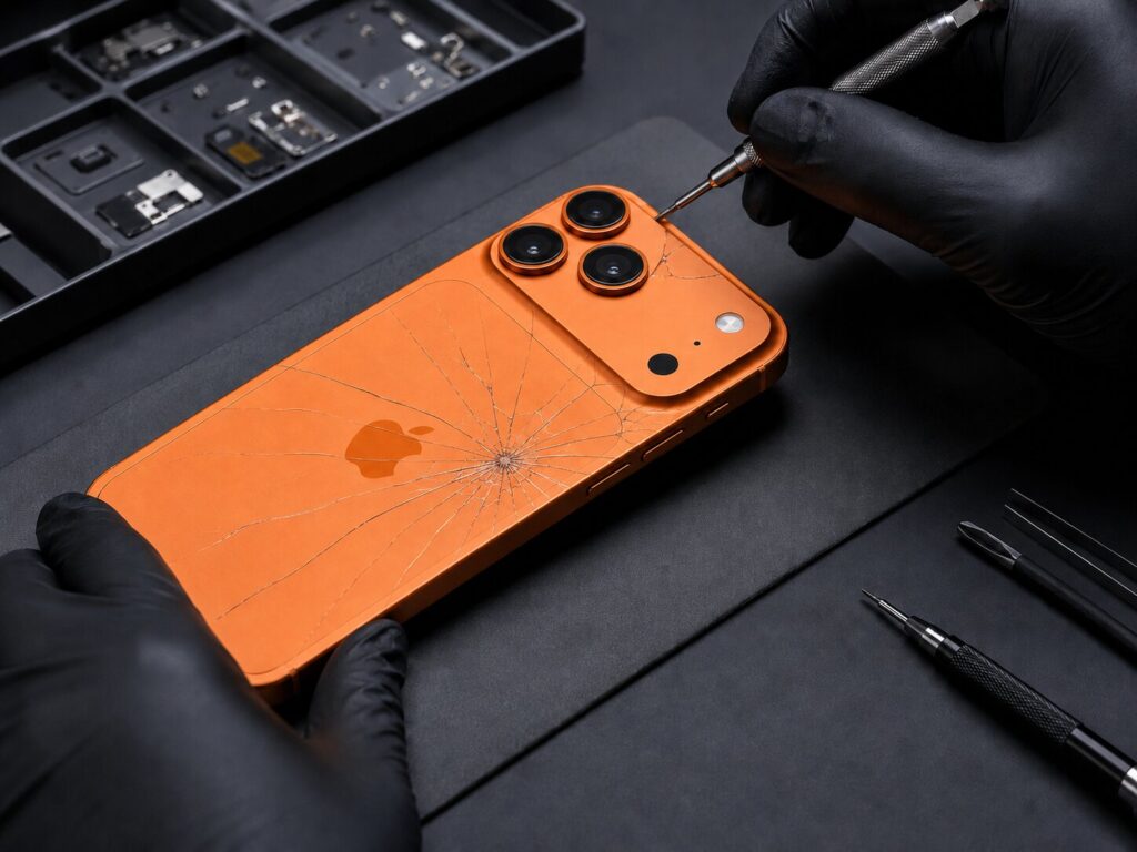 Technician repairing an iPhone 17 Pro Max at an Orlando phone repair shop