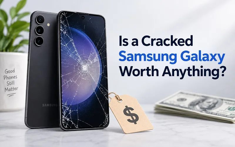 Cracked Samsung Galaxy phone being evaluated for resale value in Orlando
