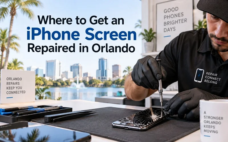 Cracked iPhone screen being checked for repair at a phone repair shop in Orlando